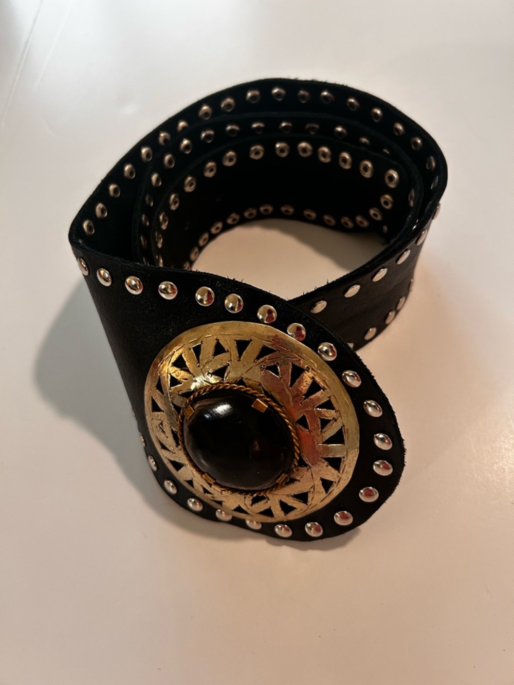 Z&L from Anthropologie Black Studded Belt with Gold Medallion (fits like a M)